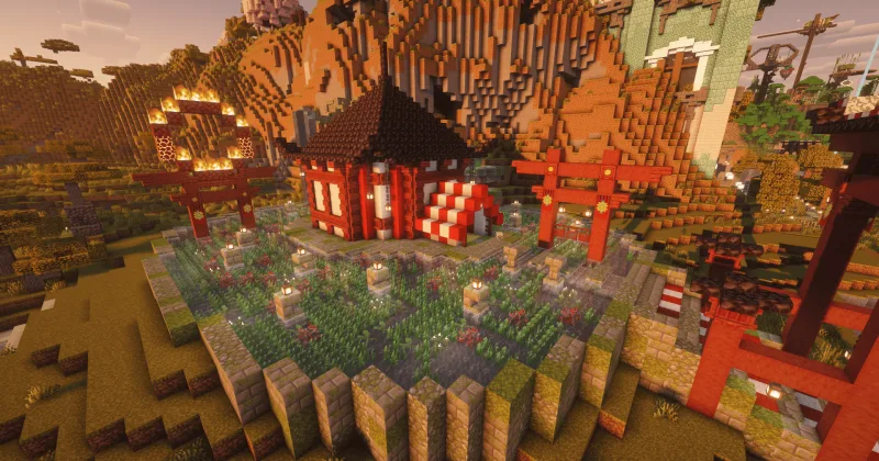 Японский храм с красными воротами Тории и садом в Minecraft
