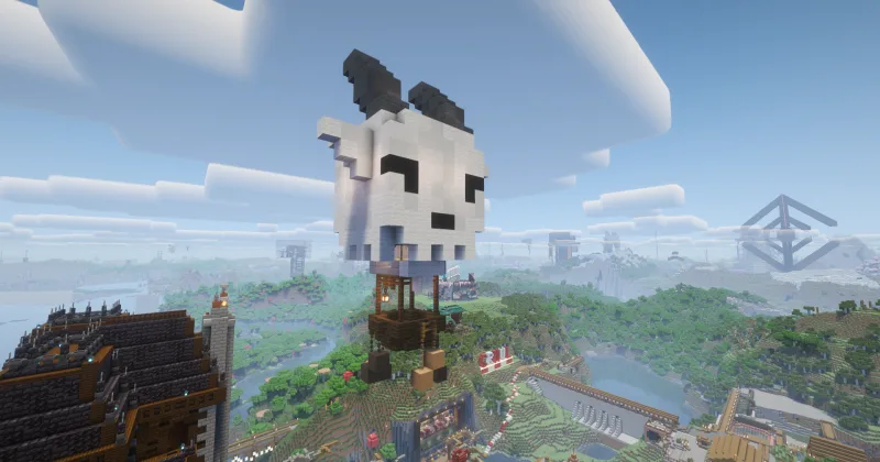 Воздушный шар в виде черепа над постройками в Minecraft