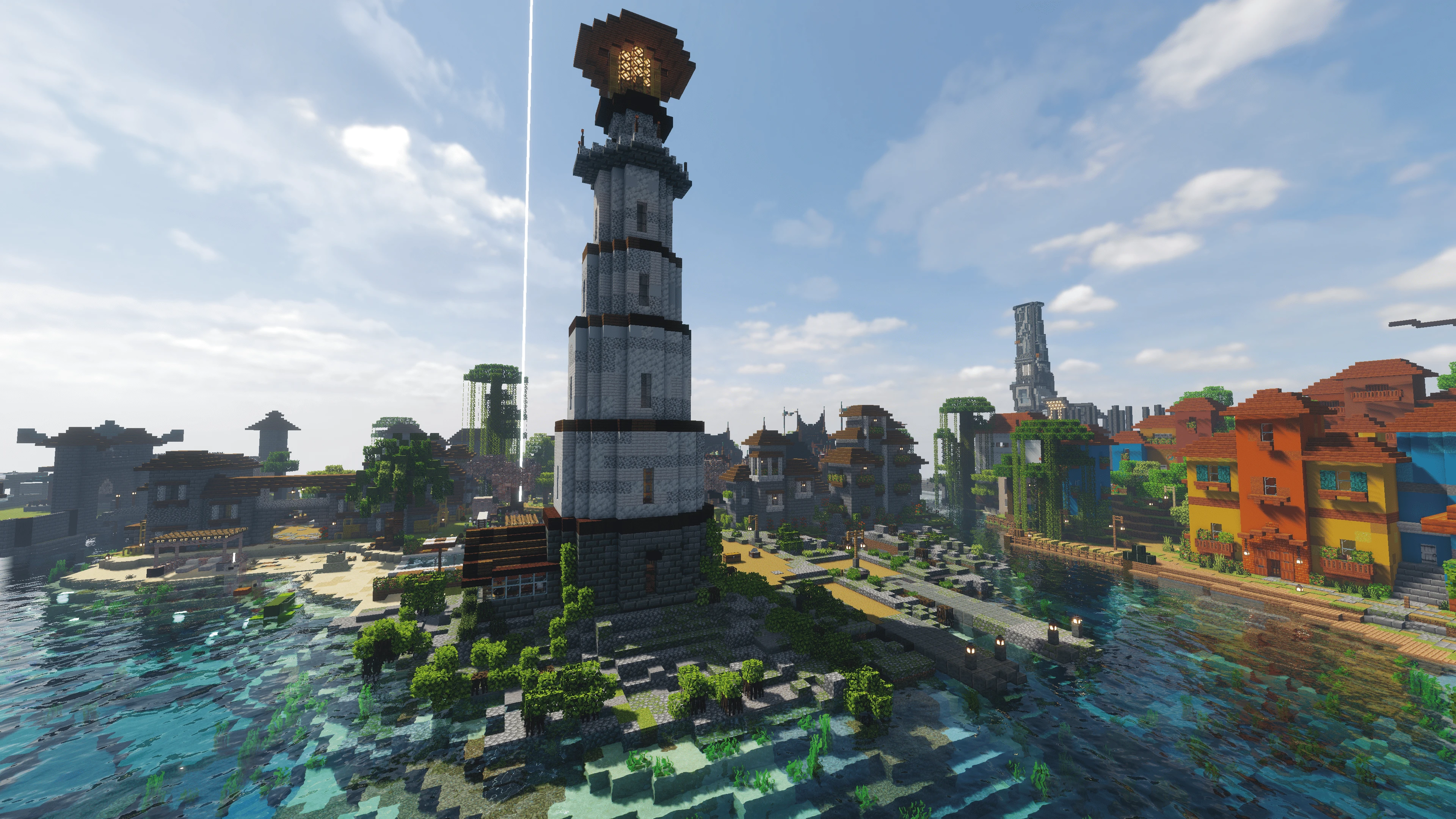 Высокий белый маяк в Minecraft на берегу моря у прибрежного города