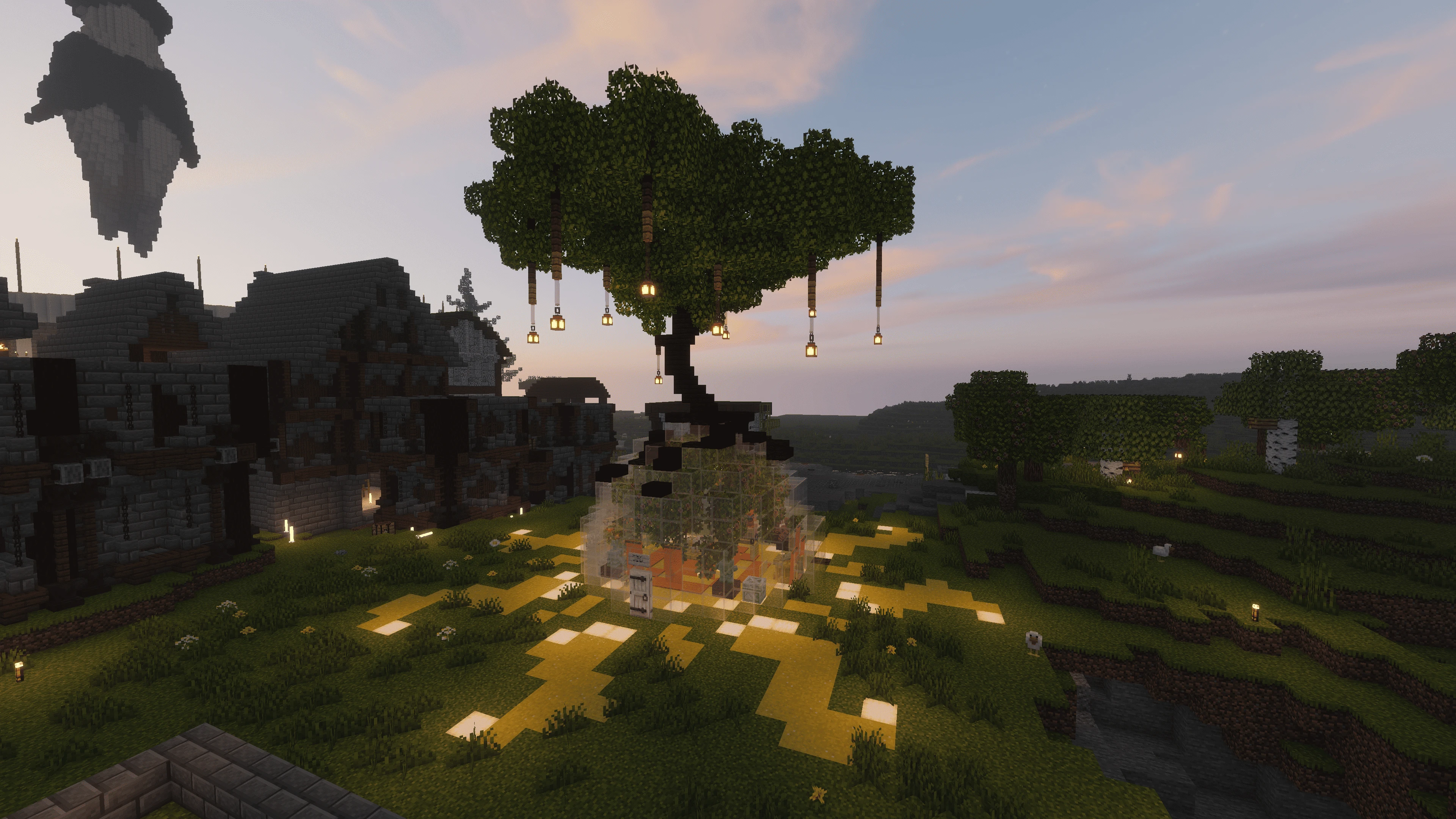 Стеклянная капсула времени с парящим деревом и фонарями в Minecraft