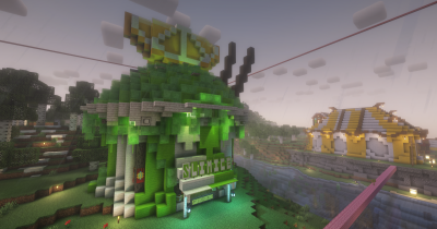 Зелёная лавка Слаймис из блоков слизи с вывеской в Minecraft