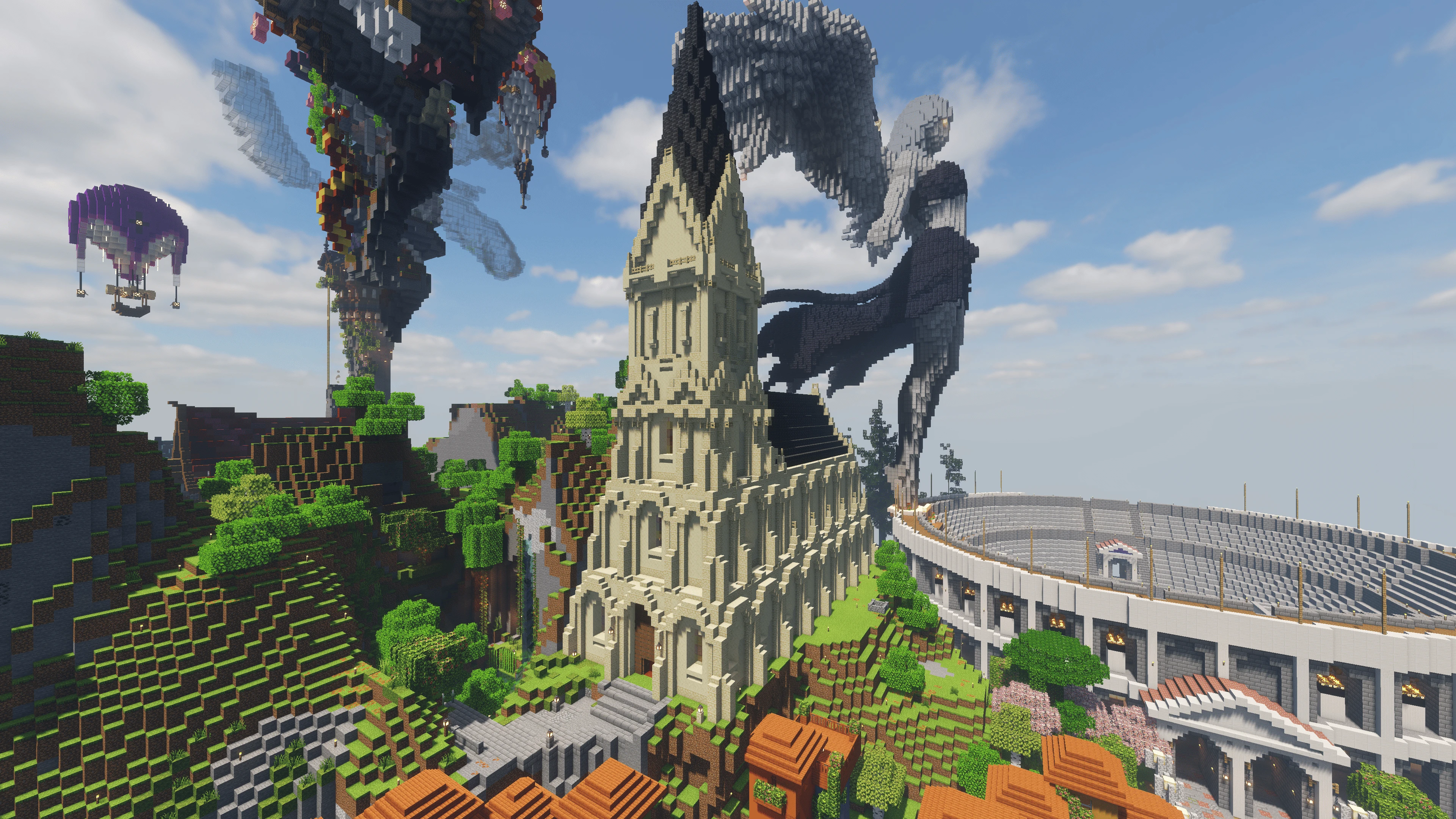 Готический собор с высоким шпилем и статуей ангела в Minecraft