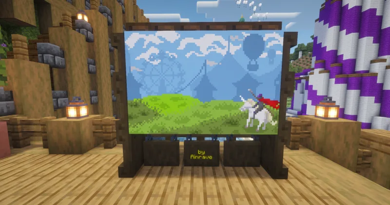 Картина на мольберте в Minecraft: рыцарь на единороге на фоне карнавальных шатров
