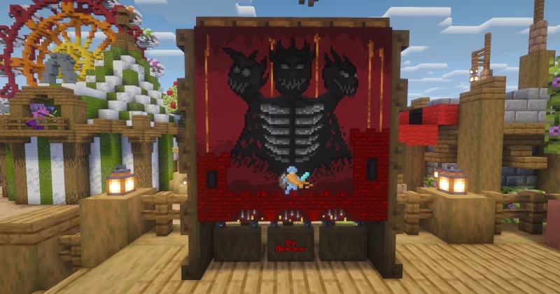 Пиксель-арт битвы с Визером на мольберте в Minecraft