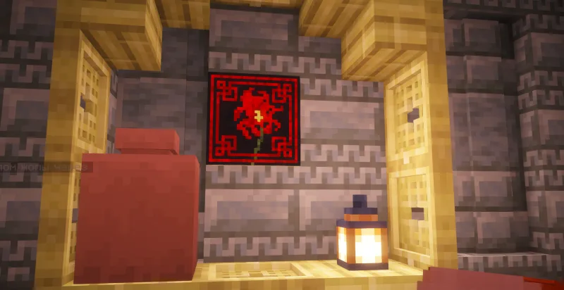 Картина с багровым цветком на стене в интерьере Minecraft с фонарём