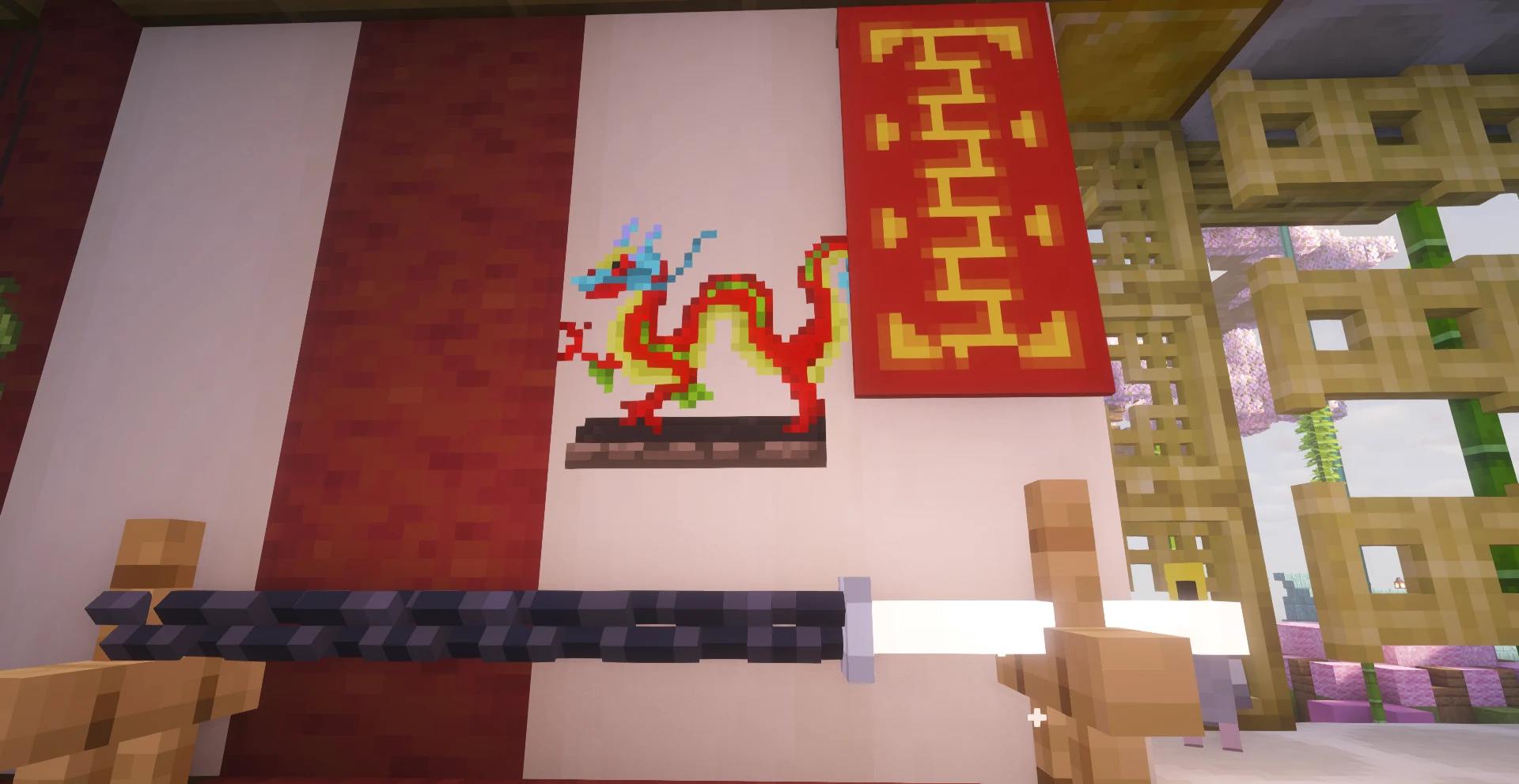 Рисунок красного дракона на холсте в интерьере в Minecraft