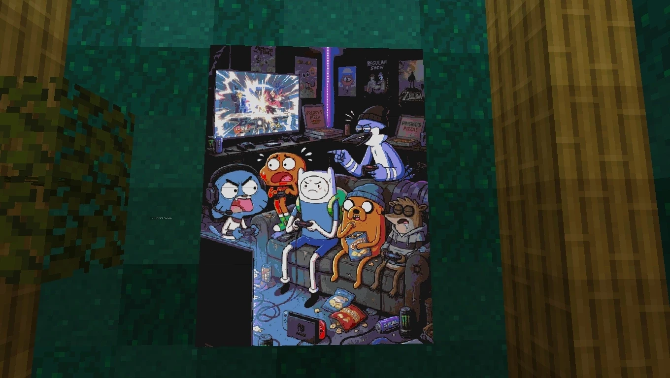 Пиксель-арт с мультяшными персонажами-геймерами на диване в Minecraft