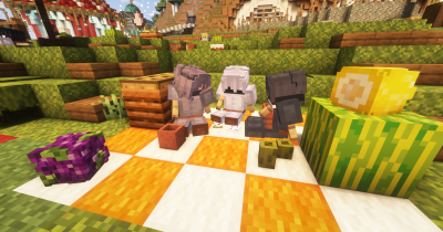 Поле для пикников в Minecraft со скатертями, корзинами и едой