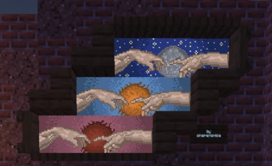 Три холста в Minecraft с фрагментами фрески «Сотворение Адама» и планетами