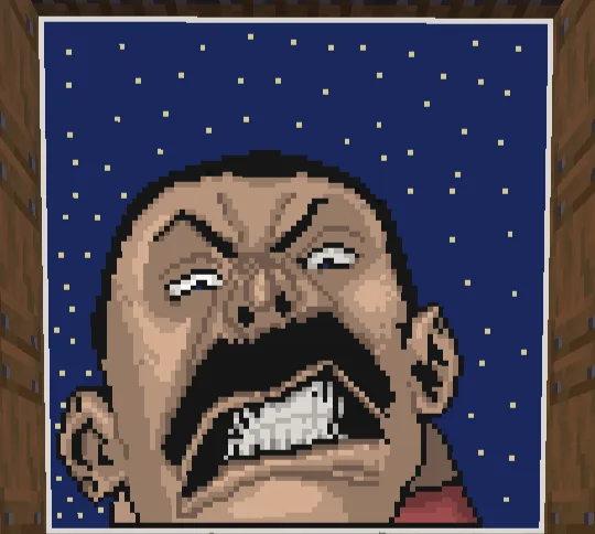 Рисунок на мольберте в Minecraft: злое лицо воина Трагга на фоне звёзд