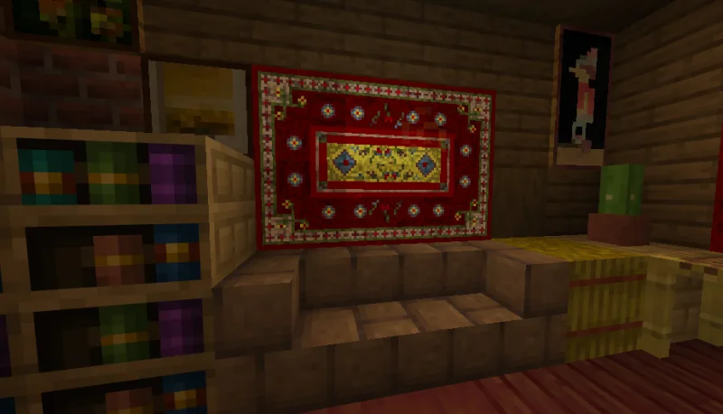 Картина с красным персидским ковром на деревянной стене в Minecraft