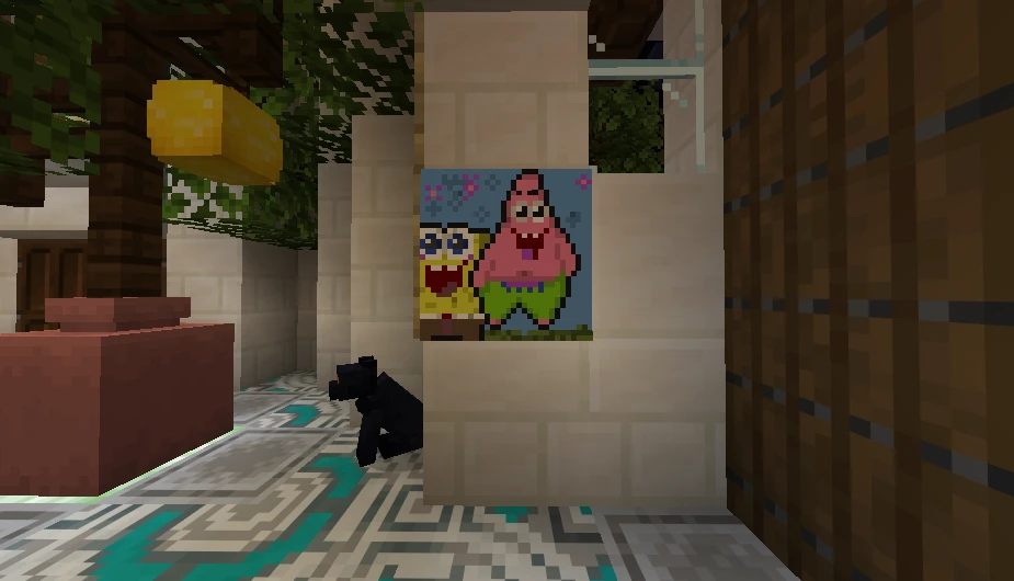 Холст на мольберте с изображением Спанч Боба и Патрика в Minecraft