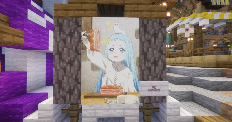 Мап-арт аниме-ведьмы Риче с голубыми волосами на мольберте в Minecraft