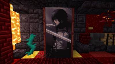 Пиксель-арт Микасы из Атаки Титанов в Minecraft с мечом в рамке