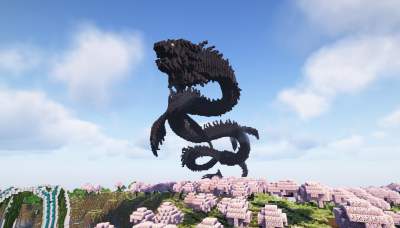 Статуя чёрного дракона в Minecraft над холмом с розовыми вишнями
