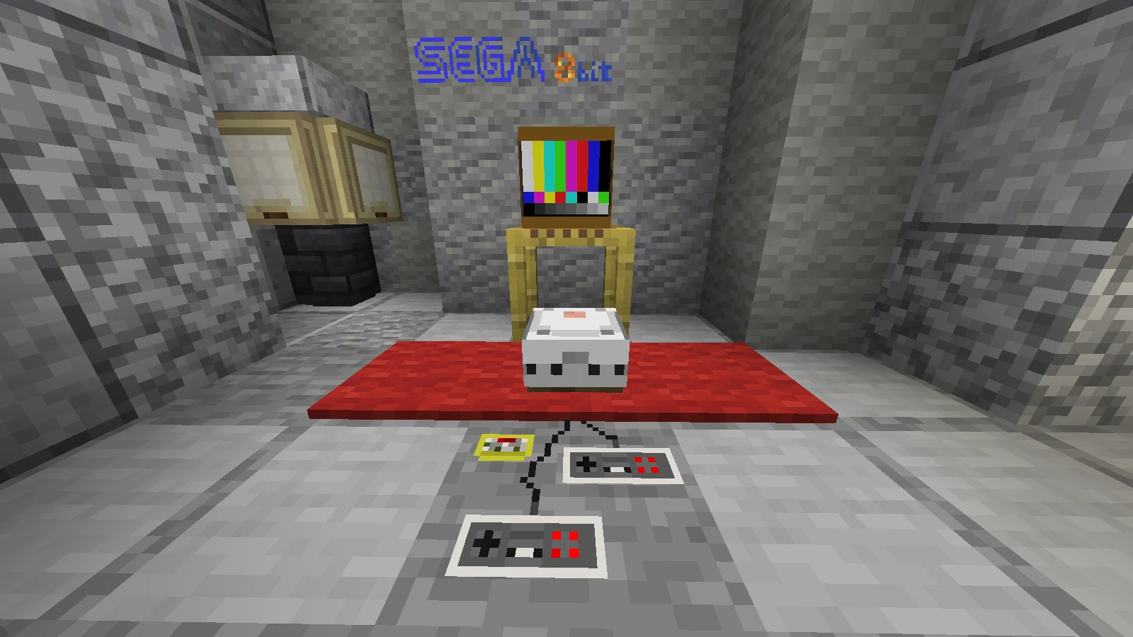 Приставка SEGA с телевизором и геймпадами на красном ковре в Minecraft