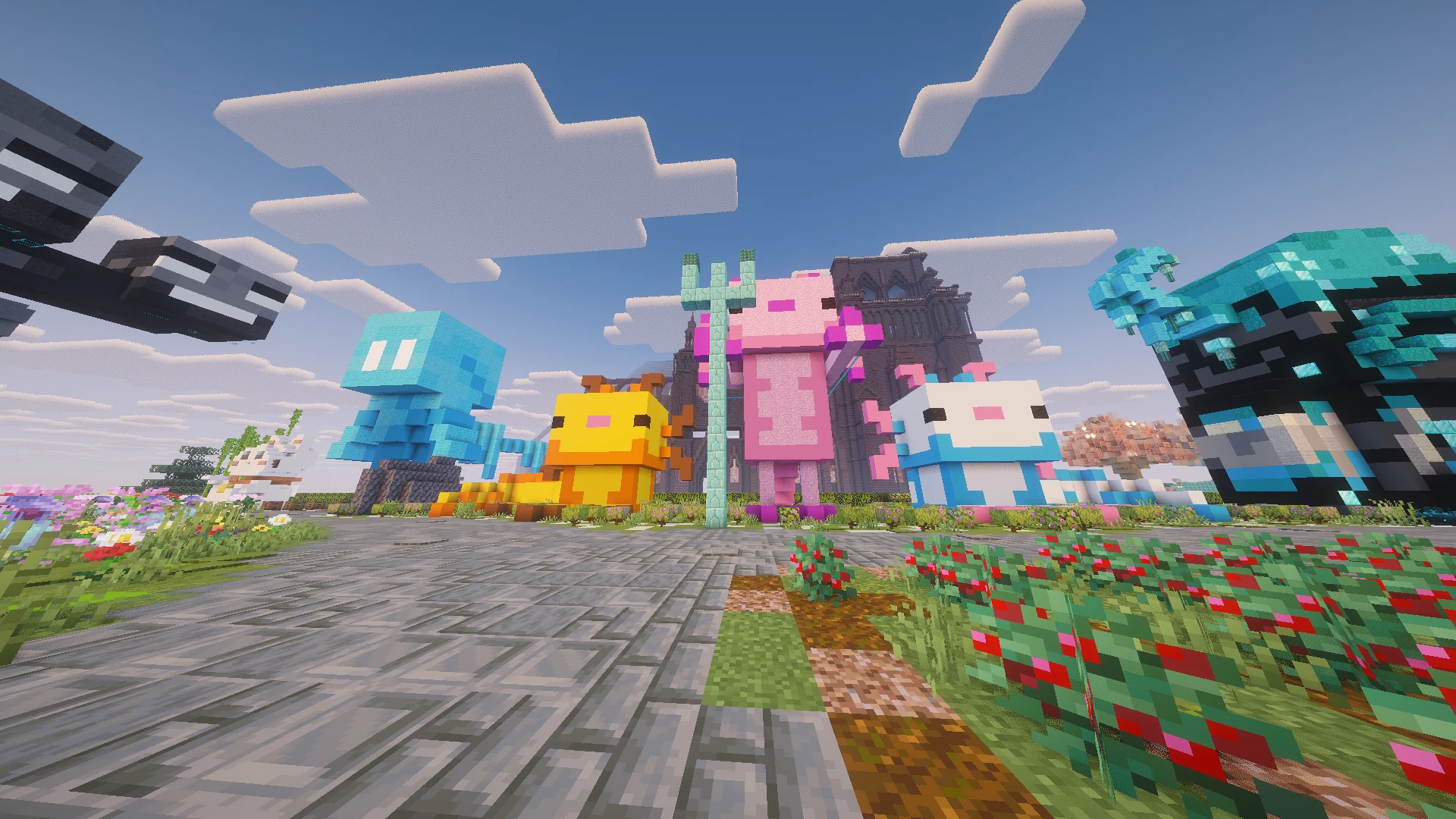 Гигантские статуи мобов Minecraft: аксолотль, лягушка, кошечка у цветов