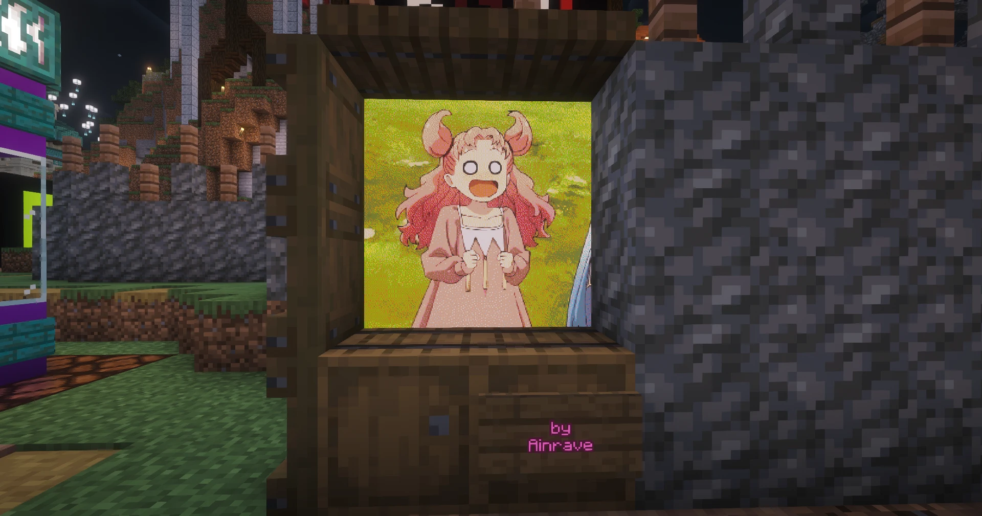 Рисунок на мольберте в Minecraft: девочка Тетия с розовыми волосами и рожками