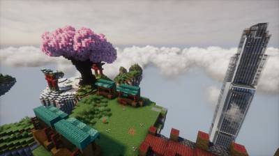 Парящие острова с сакурой, вратами тории и небоскрёбом в Minecraft