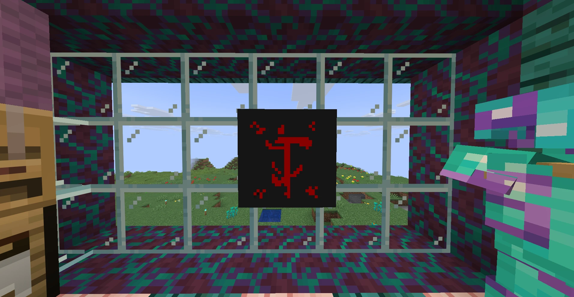 Рисунок красной руны Doom на чёрном холсте-мольберте в Minecraft