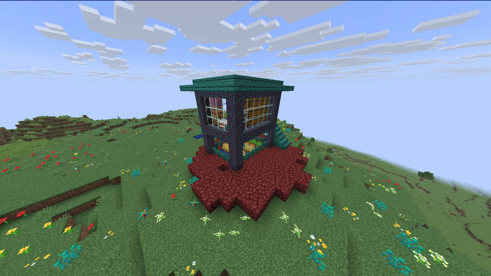 Дом из адских блоков с зелёной крышей на холме в Minecraft