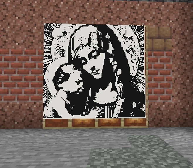 Чёрно-белая картина Божьей Матери на мольберте у кирпичной стены в Minecraft