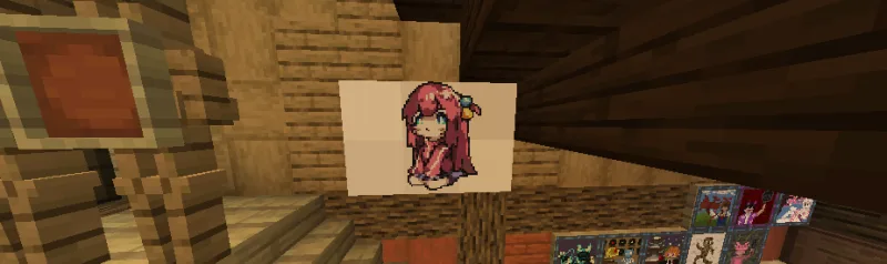 Рисунок на мольберте: chibi-персонаж Хитори Гото с розовыми волосами в Minecraft