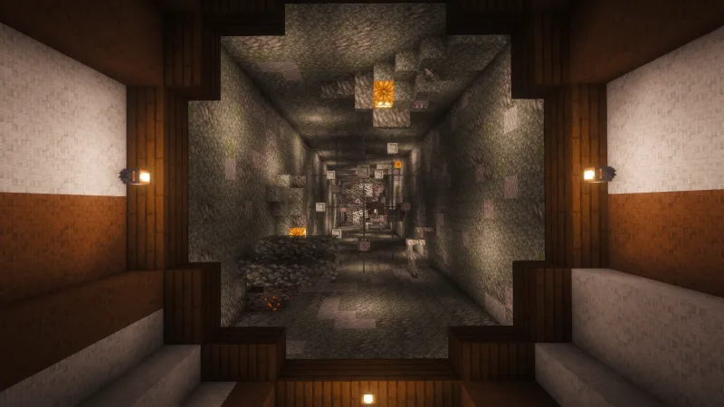 Тёмный дроппер-туннель с цепями и сундуками в Minecraft