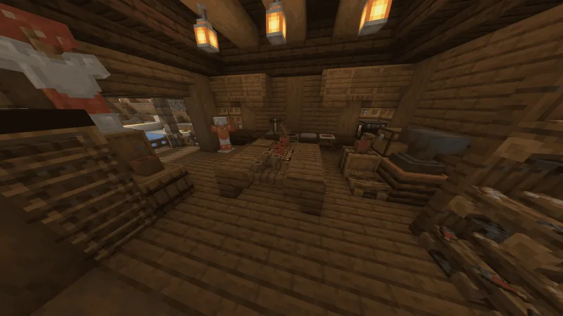 Еловый рыбацкий домик на деревянном причале над водой в Minecraft, вид снаружи
