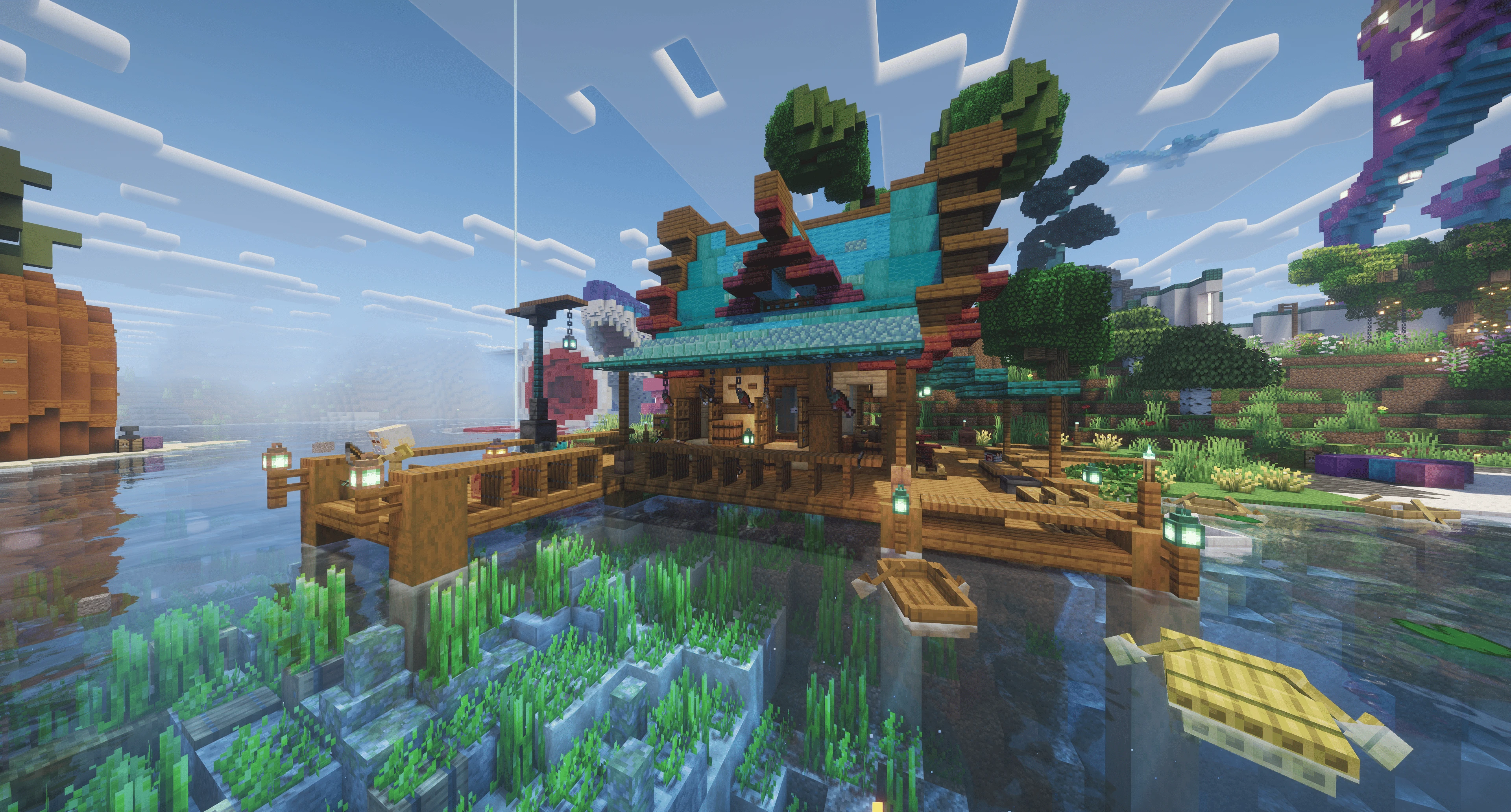 Рыбацкий домик с деревянным причалом и магазином рыбы над водой в Minecraft