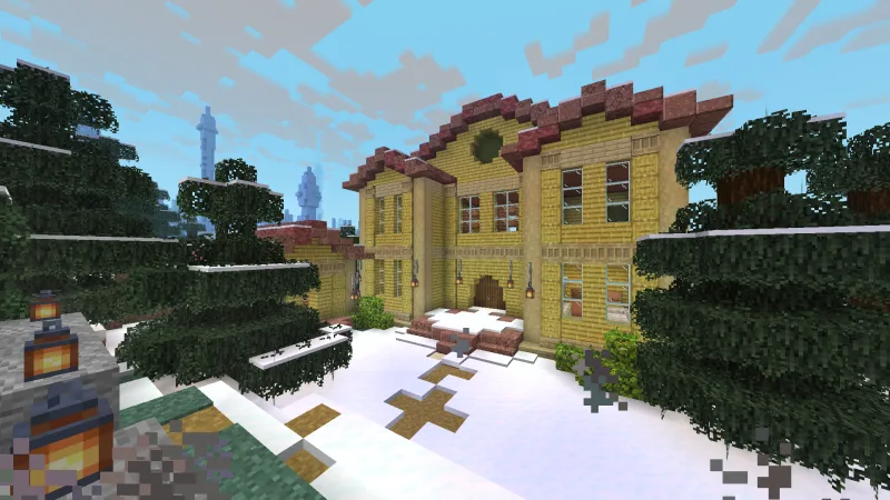 Двухэтажная школа из жёлтого кирпича с красной крышей в Minecraft зимой