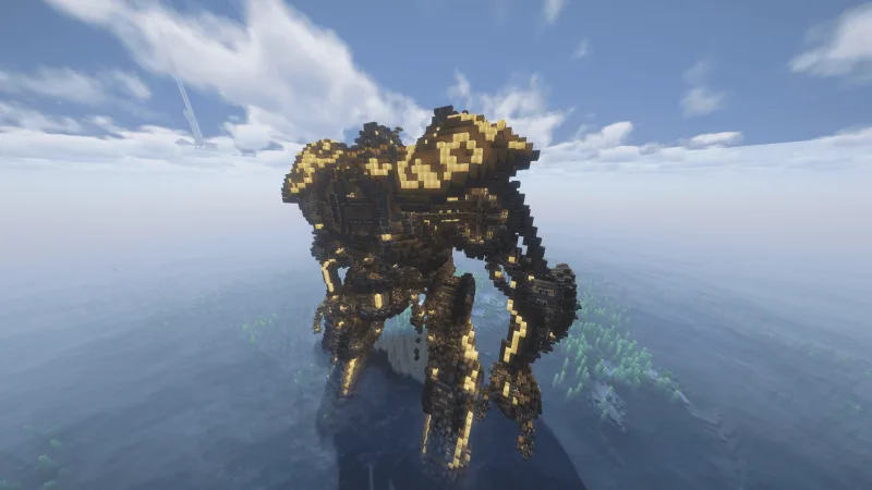 Огромная статуя стимпанк-робота из блоков в Minecraft над водой