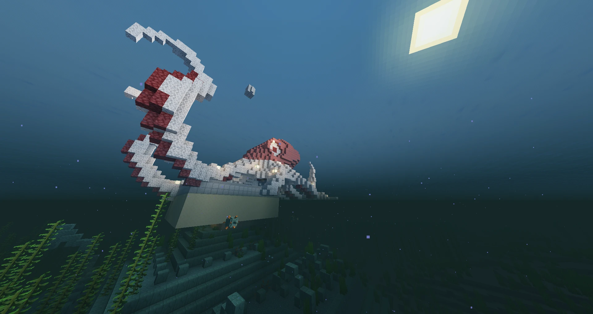 Статуя грибного кракена с щупальцами над морем в Minecraft