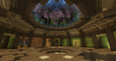 Просторный деревянный подземный дом в Minecraft со световым люком и цветущей вишней