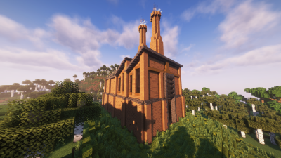 Кирпичное здание завода с двумя высокими трубами в Minecraft