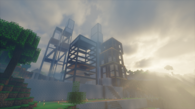 Современные высотные здания из стекла и бетона в Minecraft на закате