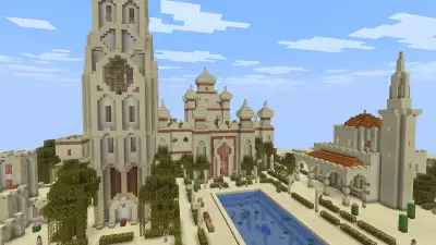 Пустынный дворец в арабском стиле из песчаника с башнями и бассейном в Minecraft