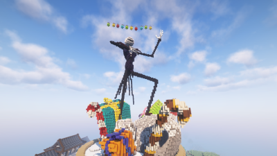 Статуя Джека Скеллингтона в Minecraft с подарками и гирляндой