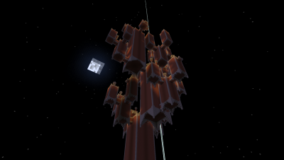 Высокая тёмно-красная башня в Minecraft на фоне ночного неба и луны