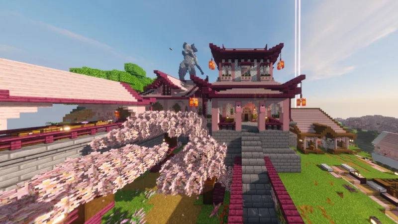 Розовый азиатский замок с пагодой, сакурой и статуей в Minecraft