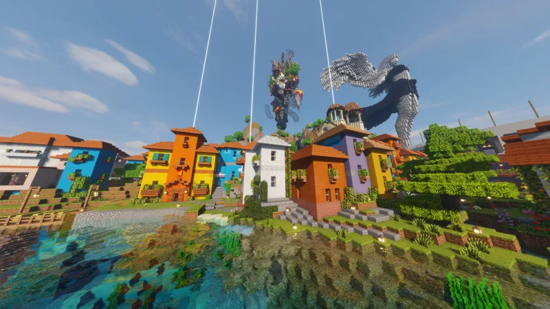 Итальянский городок в Minecraft с яркими домиками у воды и статуями