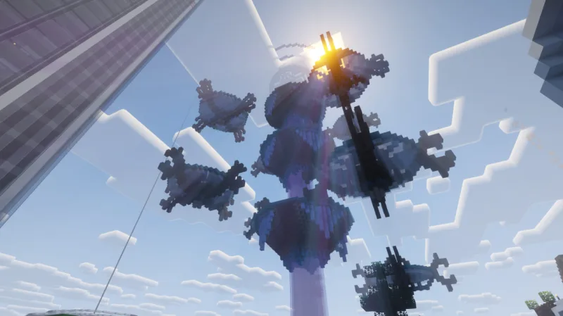 Нексус шпиль в Minecraft: фиолетовый луч энергии и парящие островки на фоне неба