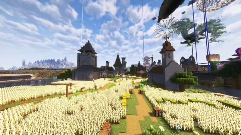 Пшеничная ферма с башнями и дорожками в Minecraft