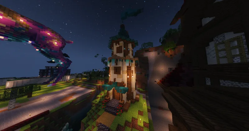 Башня Волшебника в Minecraft с бирюзовой крышей и фонарями ночью